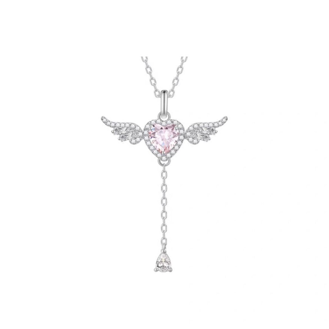 Pink Heart Wing Lariat Necklace - Sparkling Angel Y-Diamond Necklace for Women