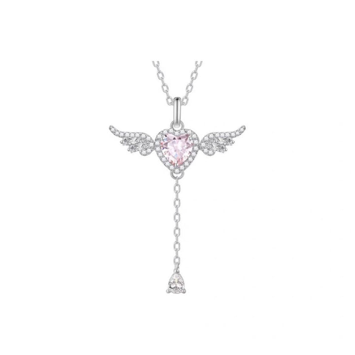 Pink Heart Wing Lariat Necklace - Sparkling Angel Y-Diamond Necklace for Women