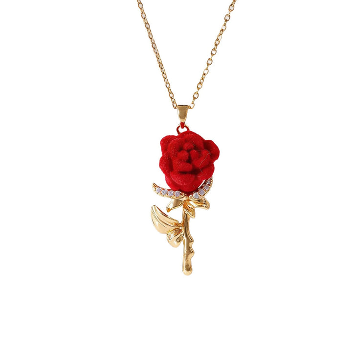 Red Velvet Rose Pendant Necklace Romantic Floral Jewelry