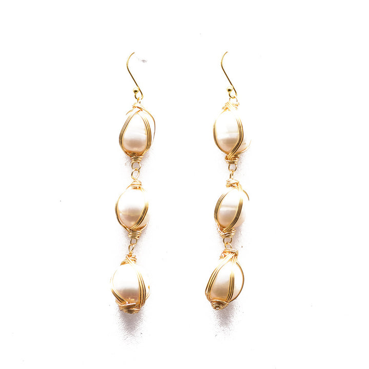 Elegant Gold Wire Wrapped Natural Pearl Dangle Earrings