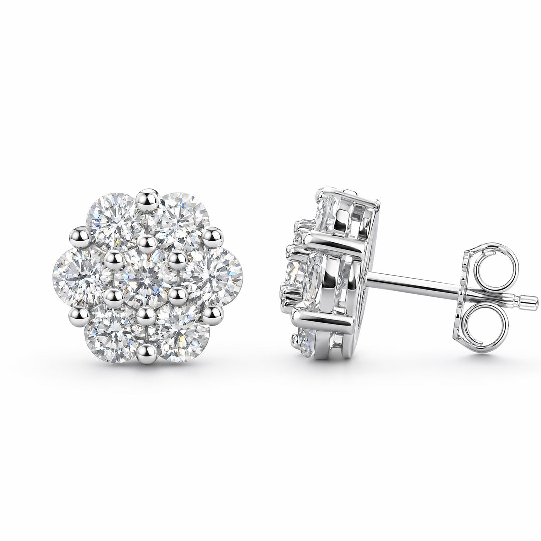 Sparkling Cluster Diamond Stud Earrings with 925 Sterling Silver