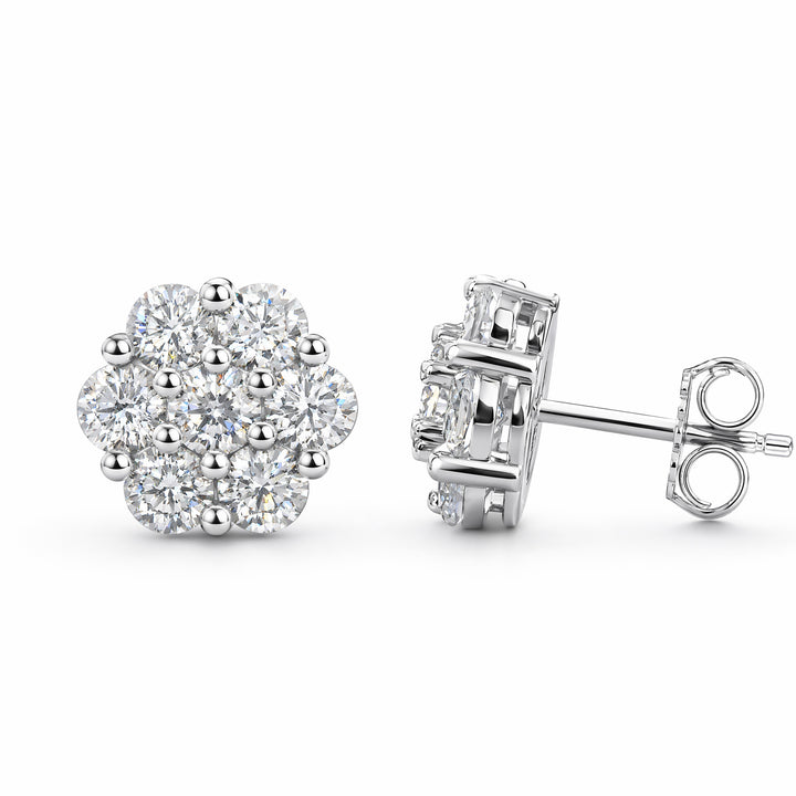 Sparkling Cluster Diamond Stud Earrings with 925 Sterling Silver
