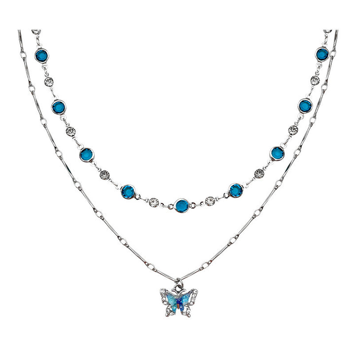 S925 Silver Blue Butterfly & Gemstone Jewelry Set Layered Necklace & Anklet for Women