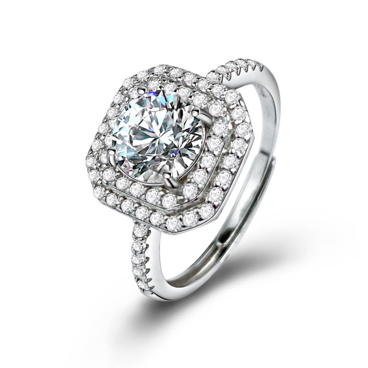 Sterling Silver S925 Diamond Halo Ring for Women Square Statement Design