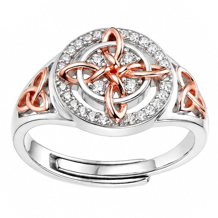 S925 Silver Two Tone Celtic Witch Knot Ring Adjustable Ring with Diamond