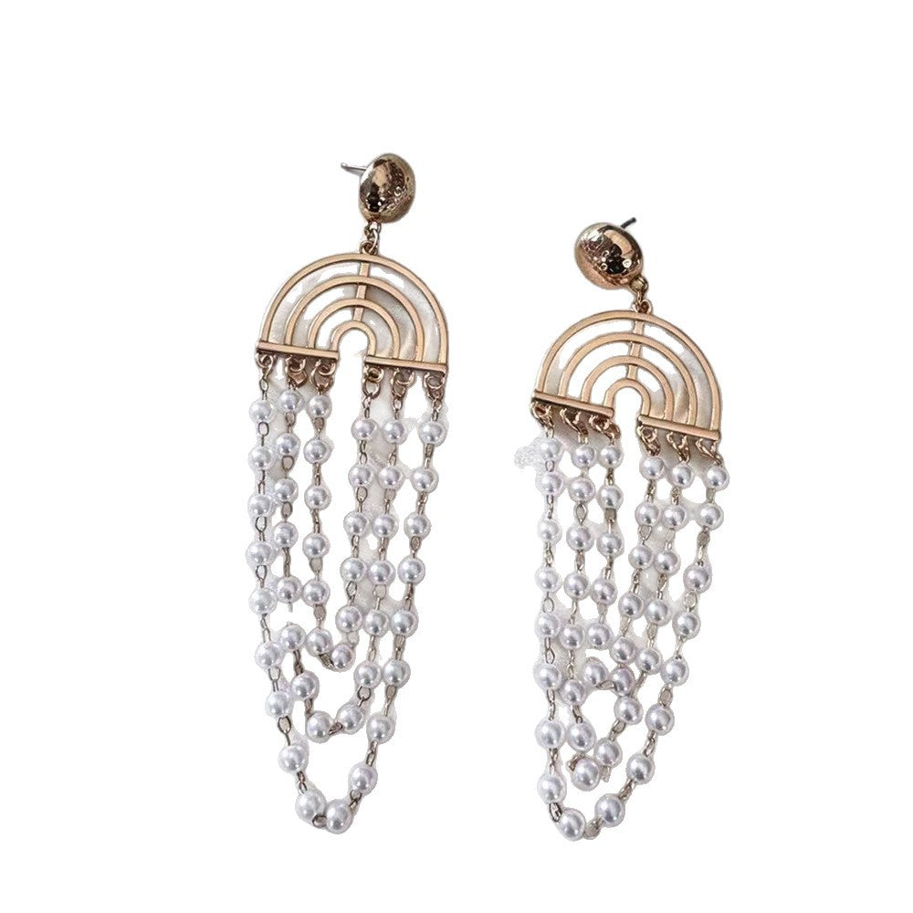 Vintage Gold Rainbow Arch Pearl Tassel Earrings