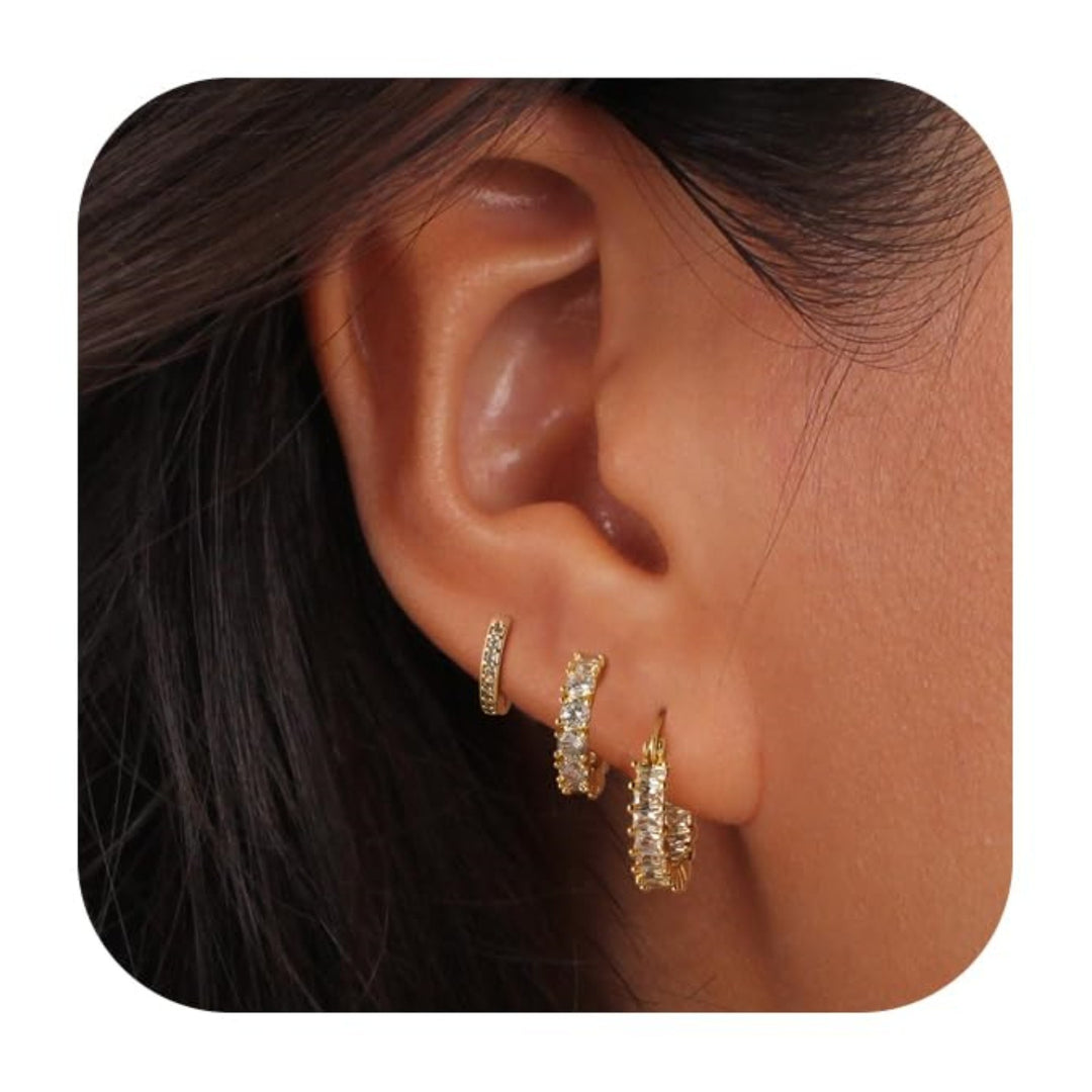 3-Piece Crystal Hoop Earring Set Titanium Steel Stackable Huggie Earrings