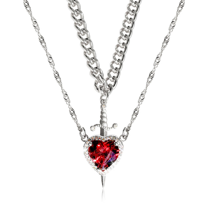 Layered Sword &amp; Heart Necklace Ruby Red Gemstone Pendant for Women