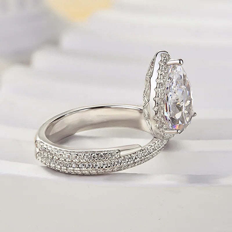 Pear Cut Halo Diamond Ring Set 925 Sterling Silver Bridal Engagement & Wedding Band