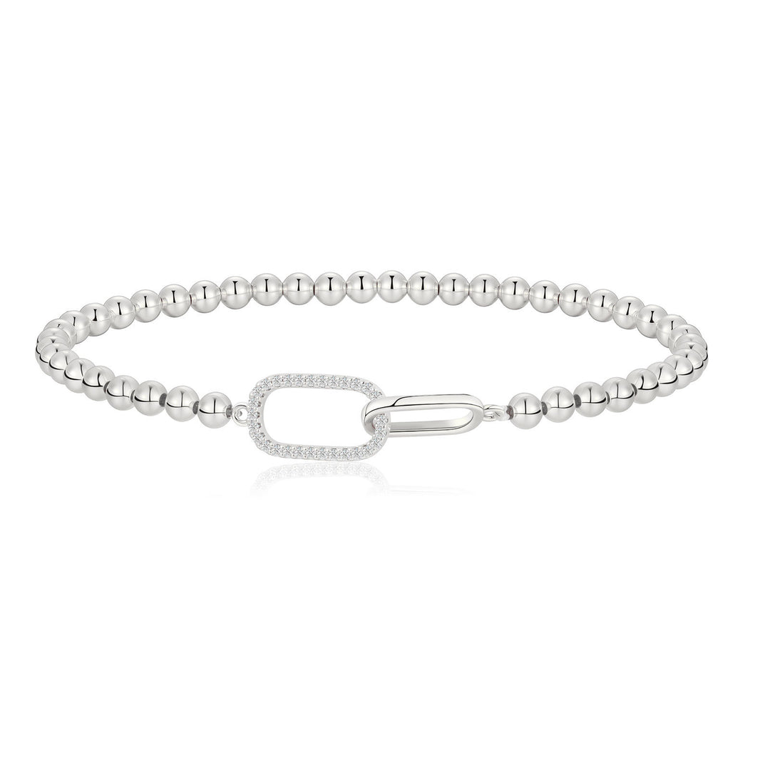 Minimalist Beaded Paperclip Bracelet & Necklace Set S925 Sterling Silver with Natural Diamonds