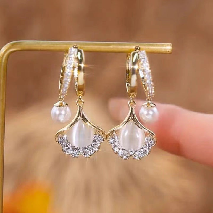 Ginkgo Leaf Drop Earrings with Pearl & Diamond Accents