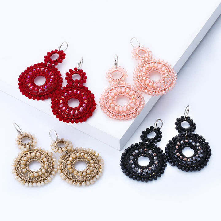 Boho Double Circle Beaded Drop Earrings Colorful Handwoven Statement Earrings for Women