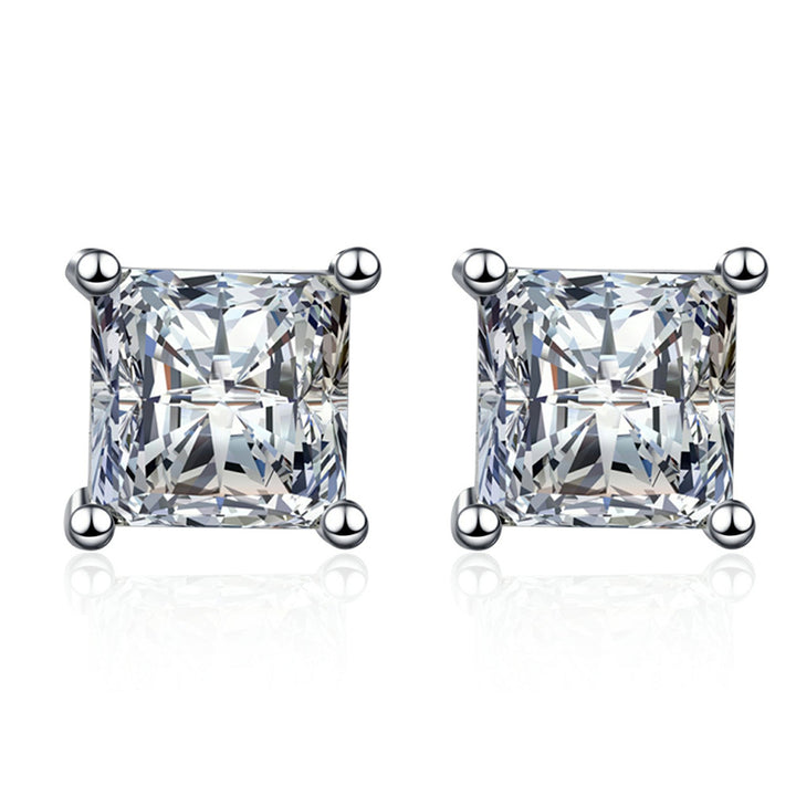 Princess Cut Diamond Stud Earrings Sterling Silver Solitaire Earrings for Women