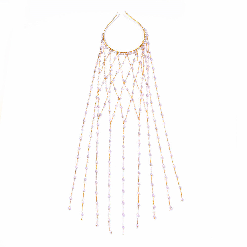 Bohemian Pearl Tassel Head Chain S925 Sterling Silver Bridal Hair Accessory