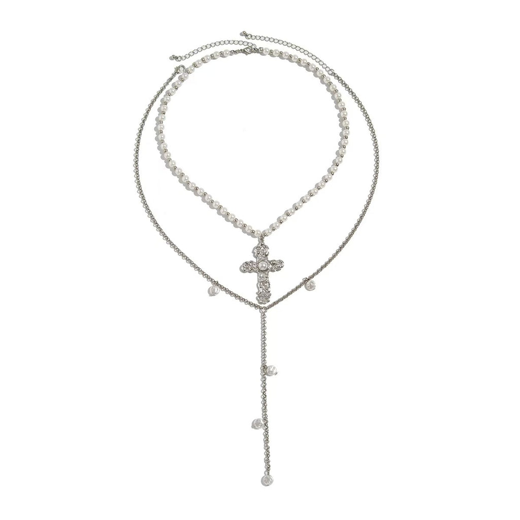 Vintage Layered Pearl Cross Necklace