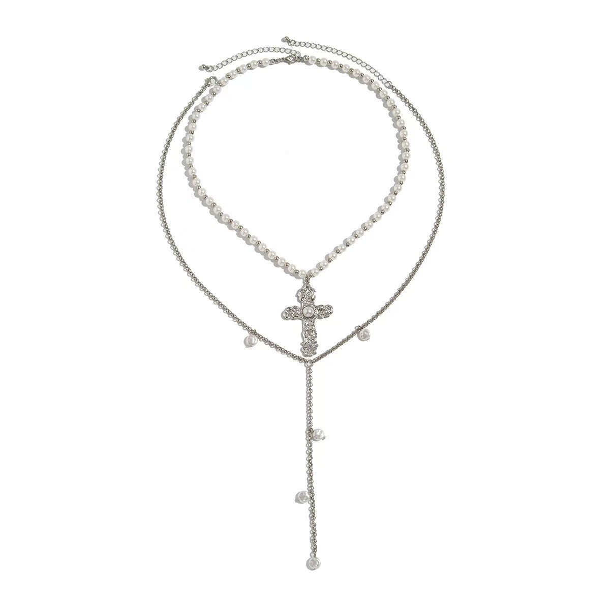 Vintage Layered Pearl Cross Necklace