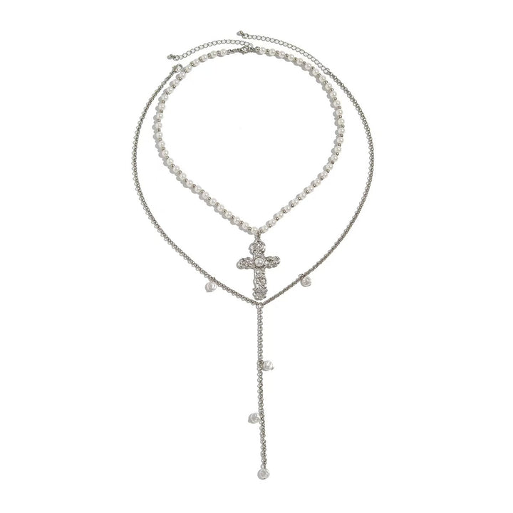 Vintage Layered Pearl Cross Necklace