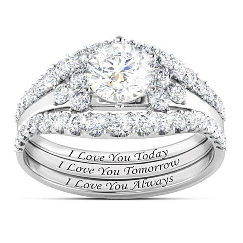 "I Love You" Engraved 3-Piece Bridal Ring Set with Diamonds