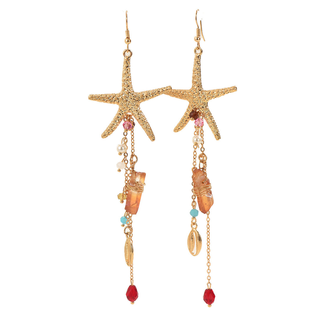 Bohemian Starfish Tassel Earrings Beachy Crystal Shell Drop Earrings for Women