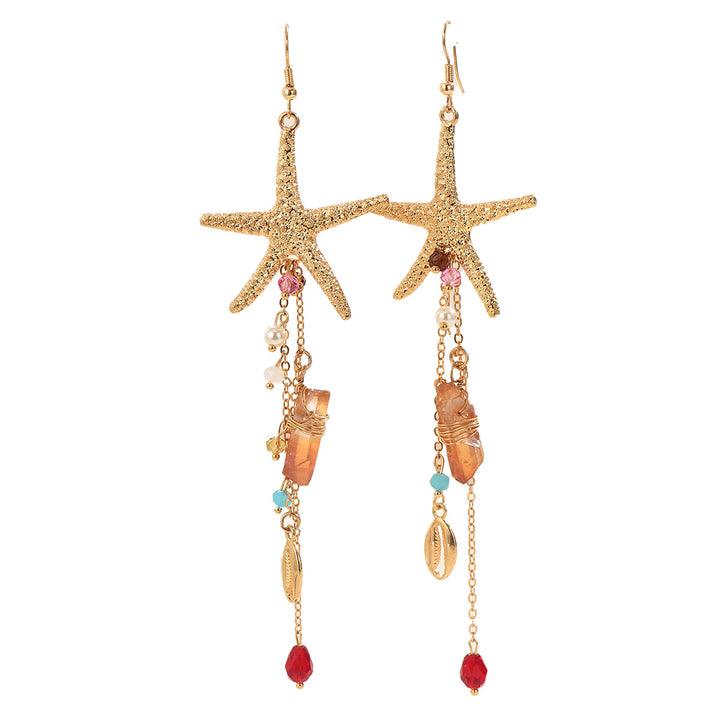 Bohemian Starfish Tassel Earrings Beachy Crystal Shell Drop Earrings for Women