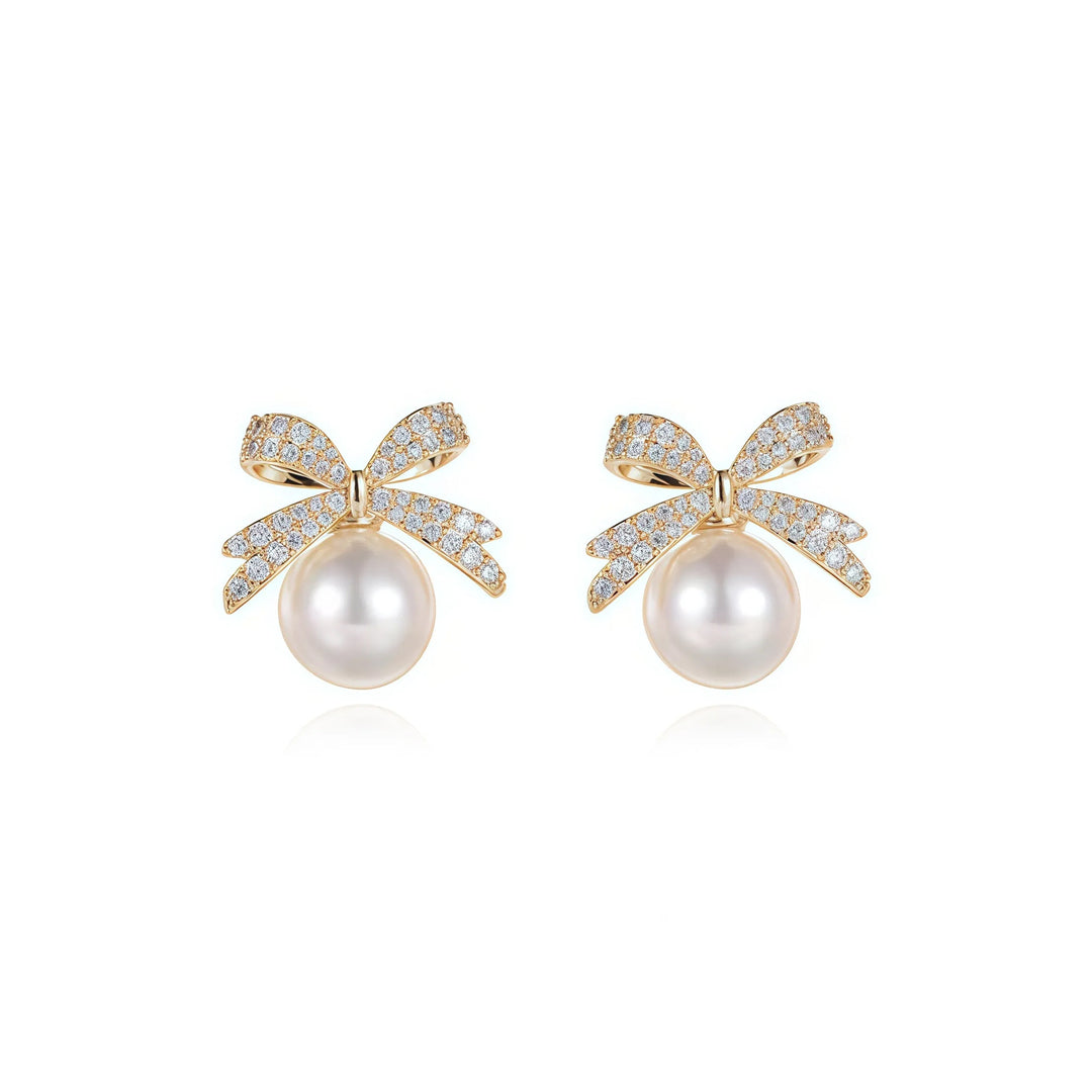 Crystal Bow Pearl Stud Earrings Sterling Silver