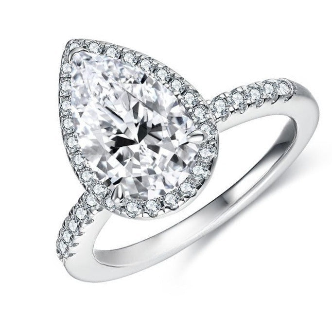 Pear Cut Halo Diamond Ring with 925 Sterling Silver