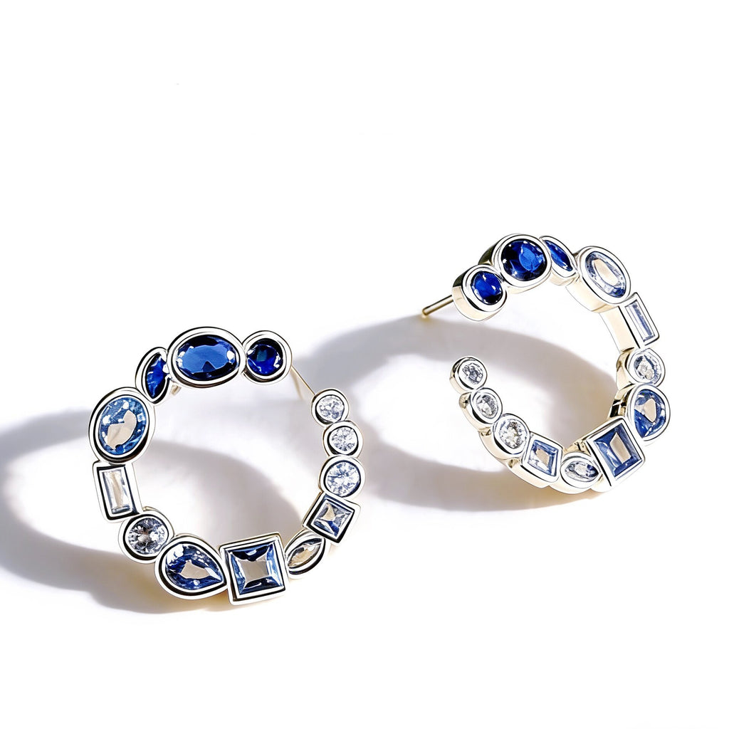 Blue Gemstone C-Shaped Hoop Earrings