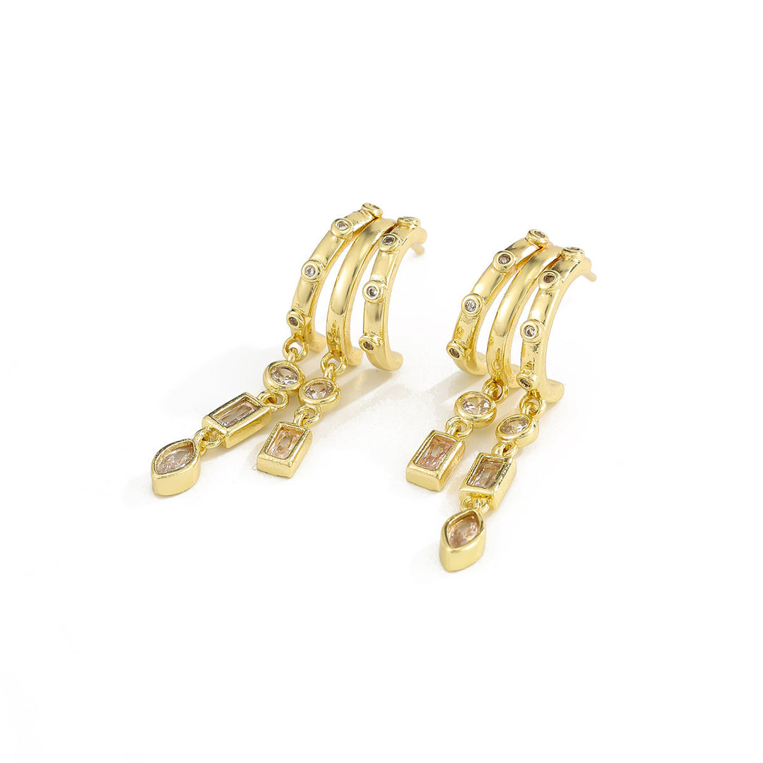 Layered C-Shaped Drop Earrings - Geometric Diamond Chandelier Earrings for Women