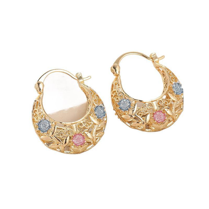Vintage Floral Enamel Hoop Earrings Gold Hollow Hoop Earrings