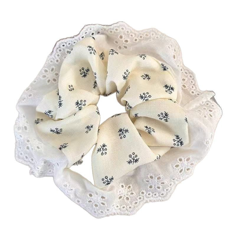 Cream Floral Lace Scrunchie Set Blue Trim Hair Ties