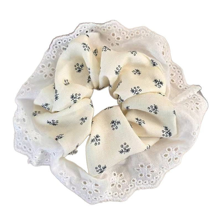 Cream Floral Lace Scrunchie Set Blue Trim Hair Ties