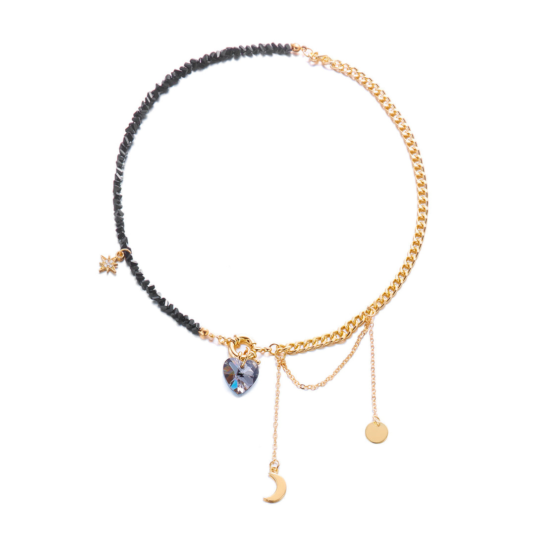 Gold/Silver Mix Beaded Choker with Heart & Moon Charms