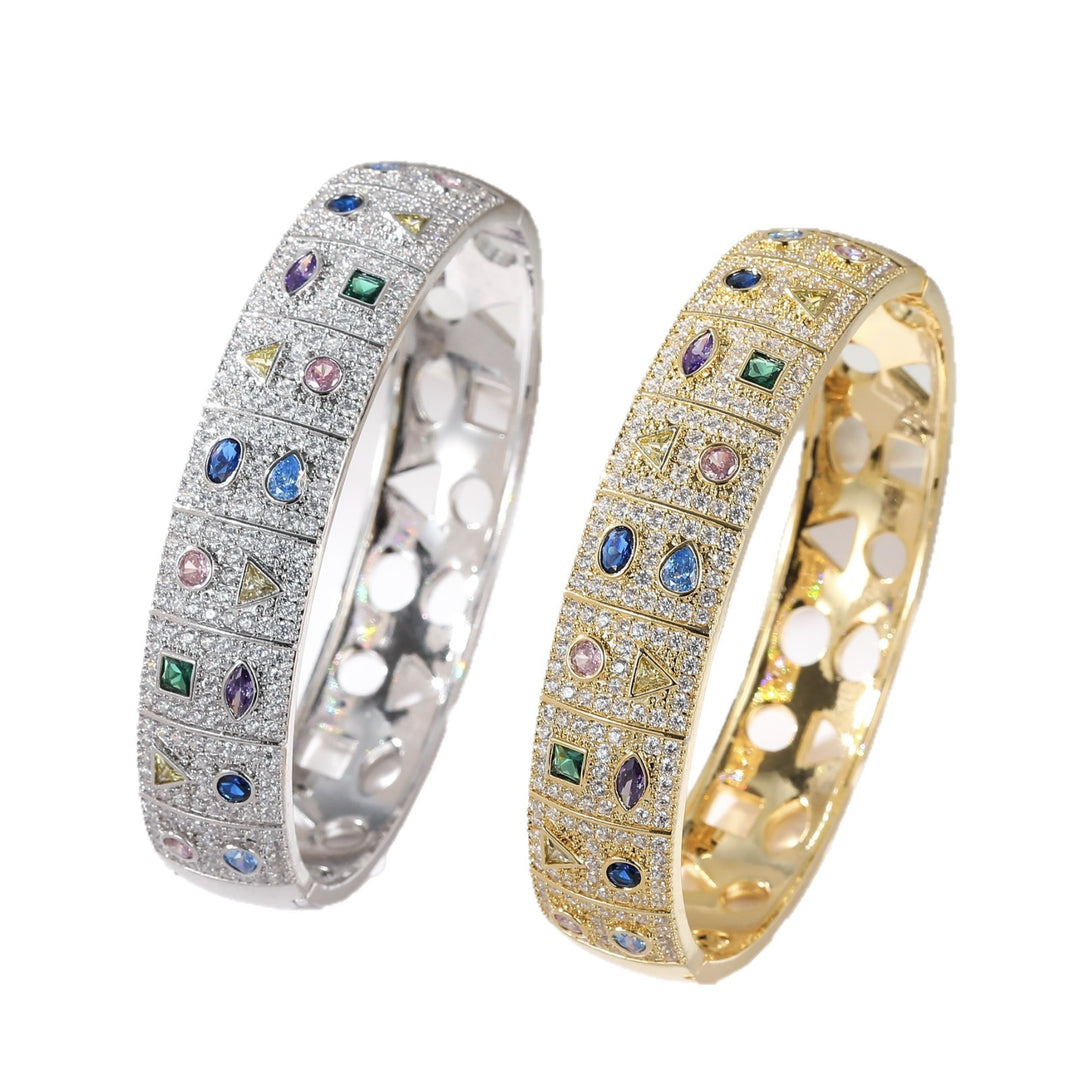 Colorful Geometric Full Pavé Wide Open Cuff Bracelet Luxury Crystal Bangle