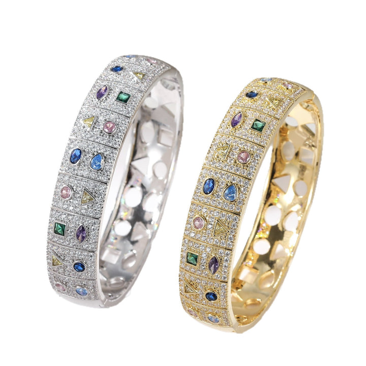 Colorful Geometric Full Pavé Wide Open Cuff Bracelet Luxury Crystal Bangle