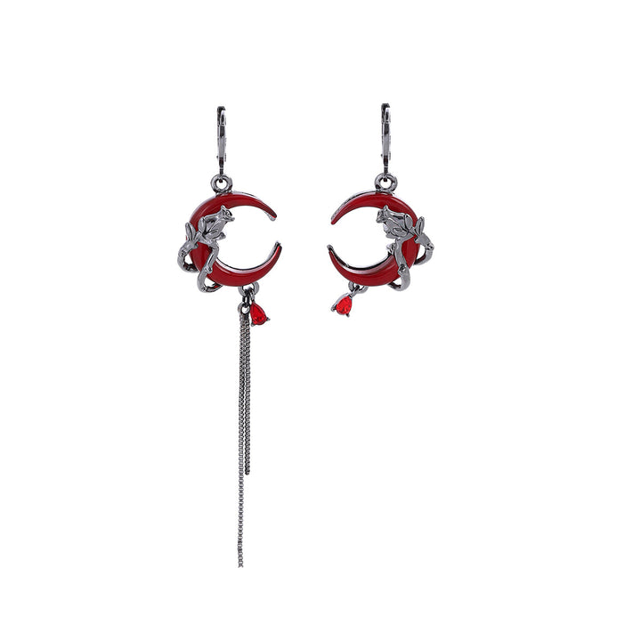Gothic Red Moon Rose Drop Earrings S925 Sterling Silver Asymmetrical Tassel Earrings