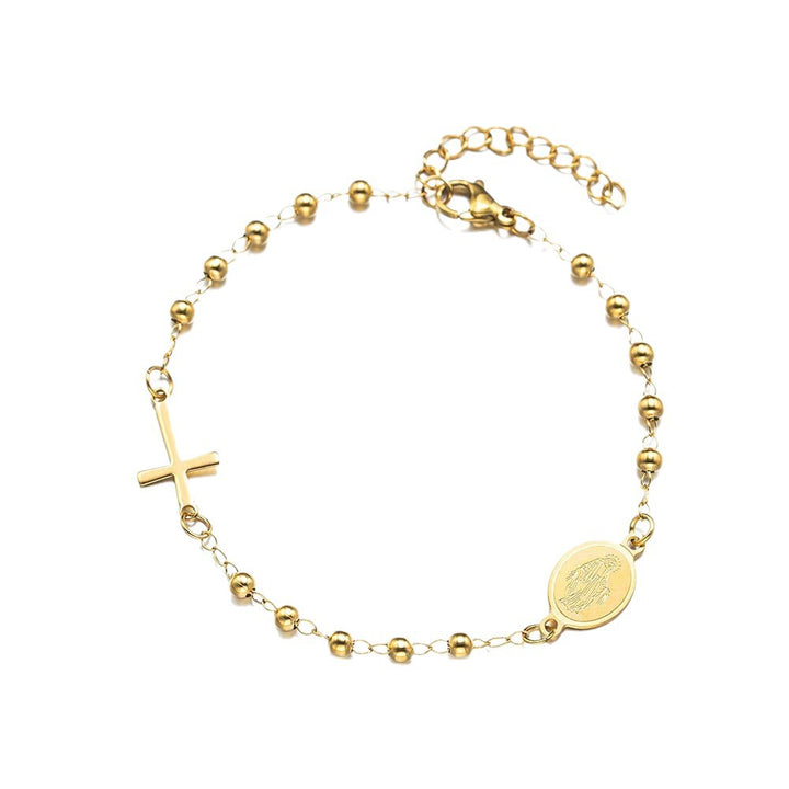 Cross & Medal Beaded Bracelet in 14K Gold