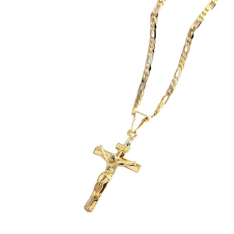 Saint Michael &amp; Cross Diamond Pendant Necklace Figaro Chain Religious Jewelry for Men