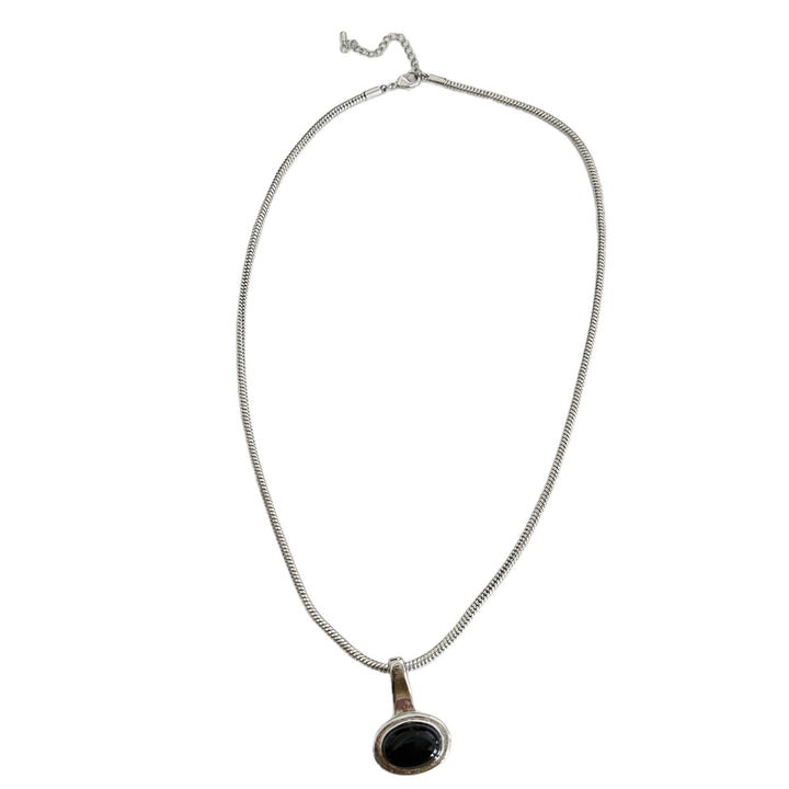 Black Gemstone Necklace With Snake Chain And Round Pendant