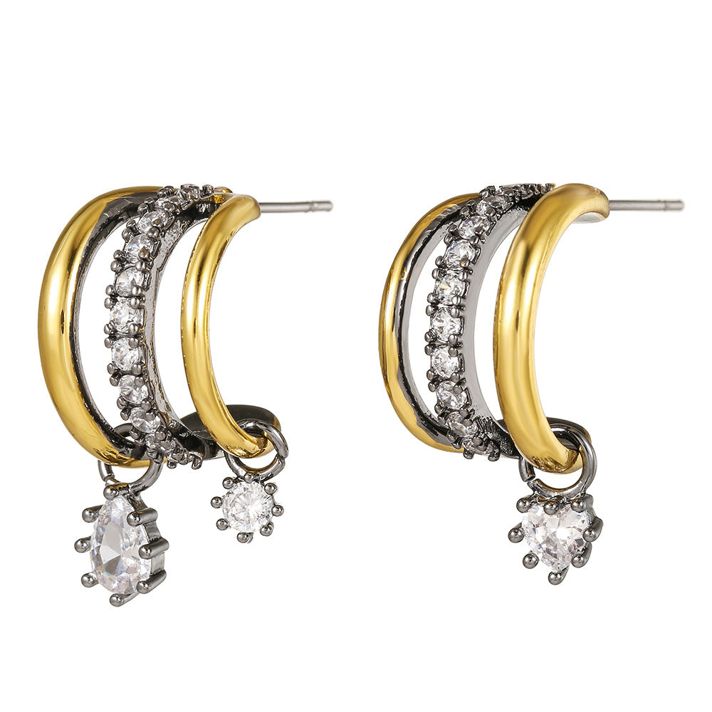 Two-Tone Triple Hoop Earrings with Diamond Charms in S925 Silver & Titanium Steel