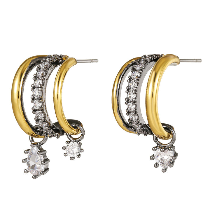 Two-Tone Triple Hoop Earrings with Diamond Charms in S925 Silver & Titanium Steel