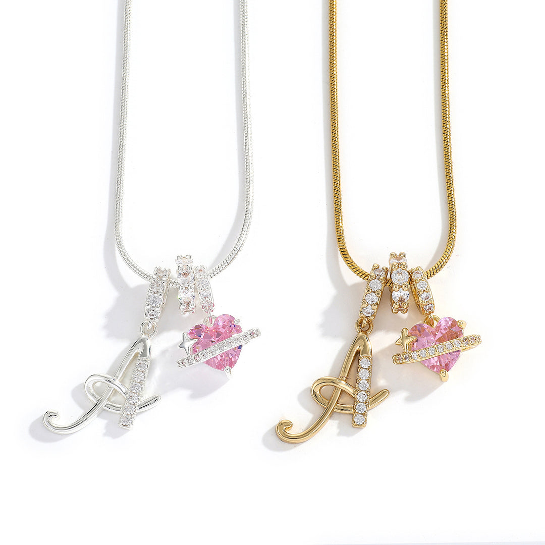 26 Letters & Pink Heart Planet Pendant Necklace Personalized Diamond Snake Chain Necklace for Women