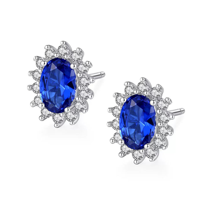 Sterling Silver Diamond AccentOval Blue Sapphire Halo Stud Earrings