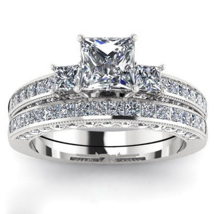 S925 Sterling Silver Three-Stone Princess Cut Stackable Ring Set, Milgrain Pave Wedding Engagement Band for Women