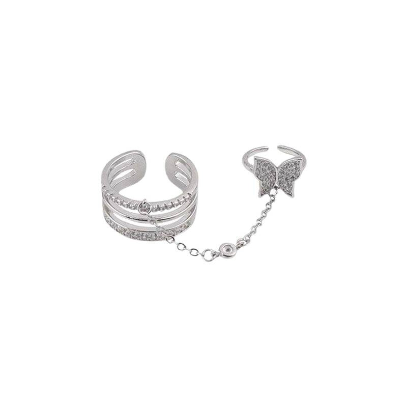 Butterfly Linked Ring Set Crystal Double Finger Chain Ring