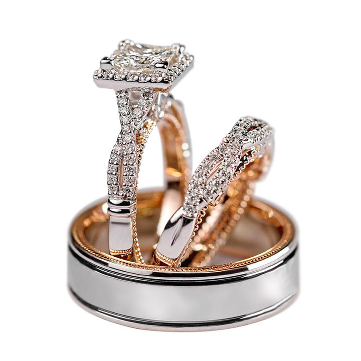 Princess Cut Halo Bridal Ring Set 14K Gold Diamond Wedding Trio
