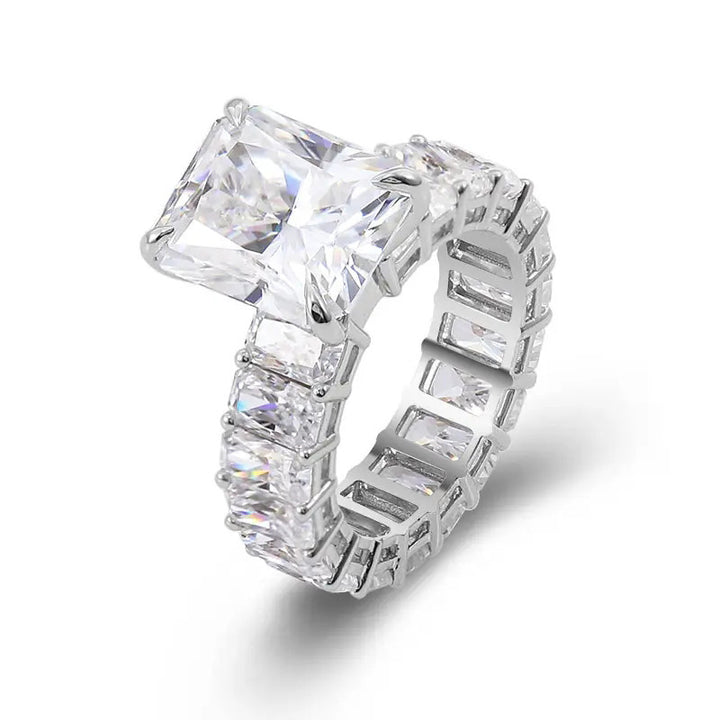 Emerald Cut Statement Diamond Ring S925 Sterling Silver Eternity Band Ring