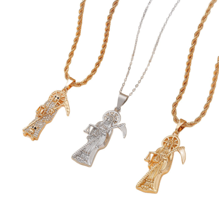 Santa Muerte Grim Reaper Pendant Necklace Twisted Chain Religious Jewelry for Men