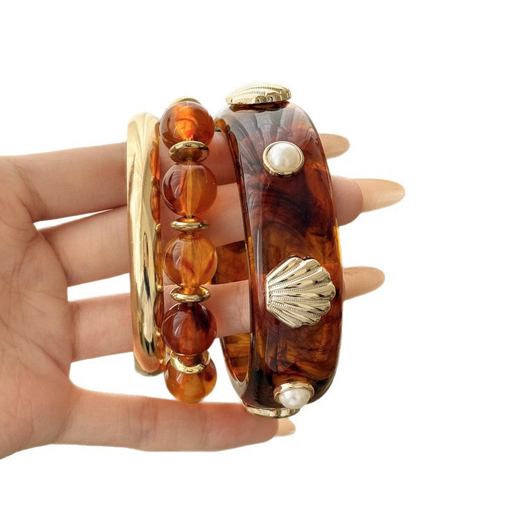 Metal Resin Marbled Shell Open Cuff Bracelet
