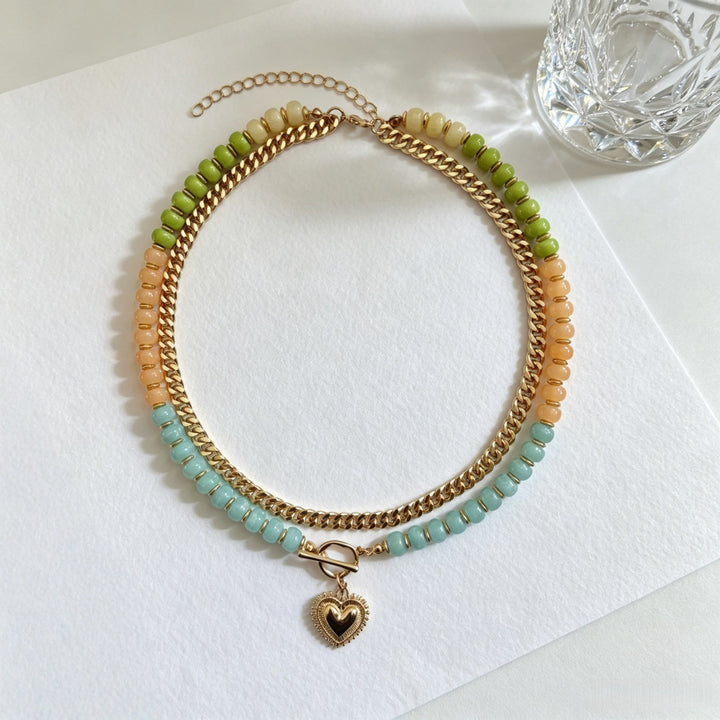 Colorful Beaded Double Layer Heart Pendant Choker Necklace Boho OT Clasp Collar for Women