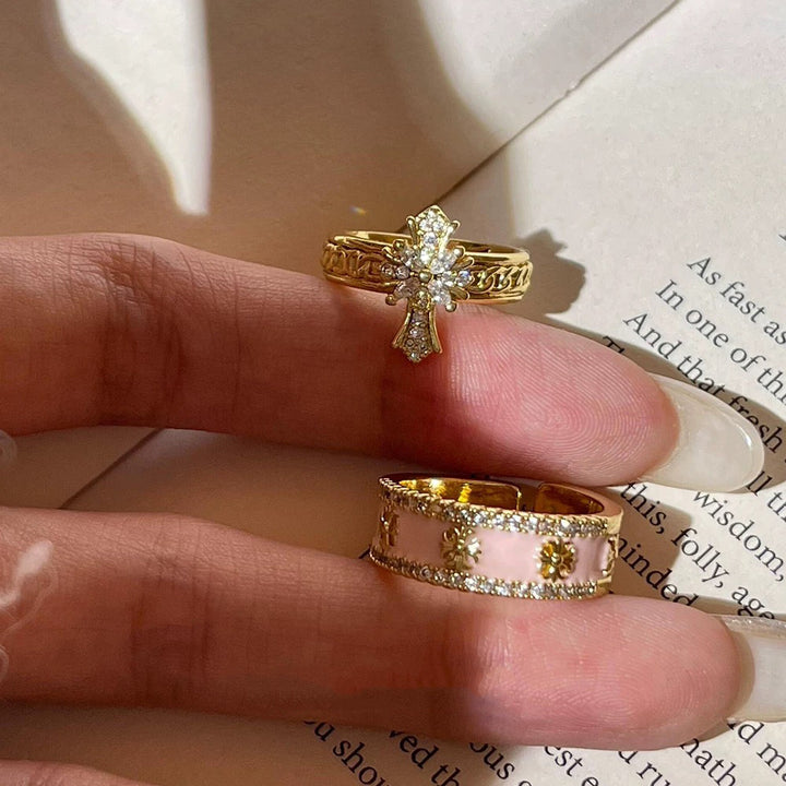Pink Enamel Cross Ring Set | Y2K Diamond Open Adjustable Rings for Women